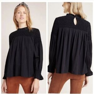 Maeve Anthropologie Smocked Shirred Blouse Top Black Size 10
